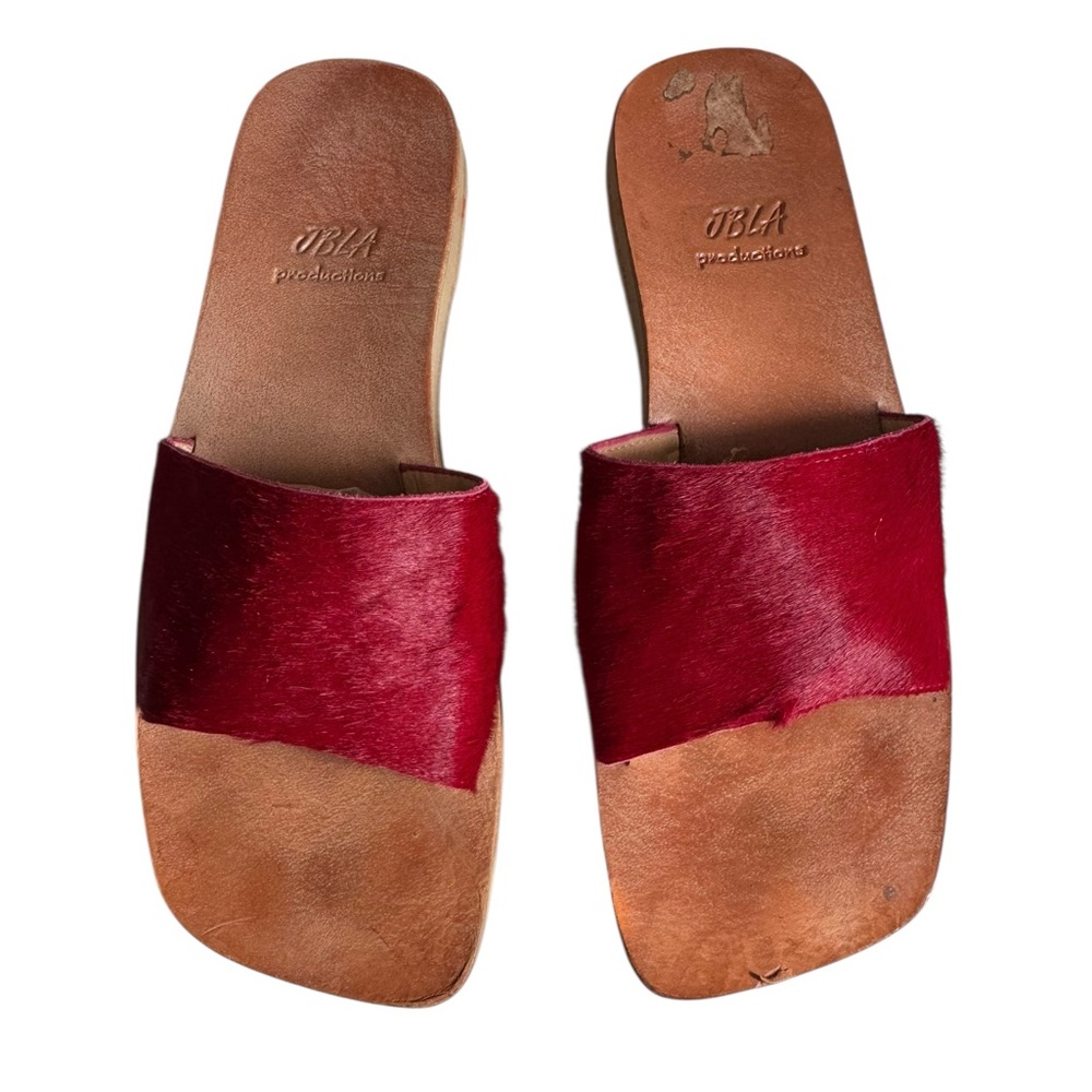 Women’s Red Hair-On Leather Slide Sandals by UBLA
